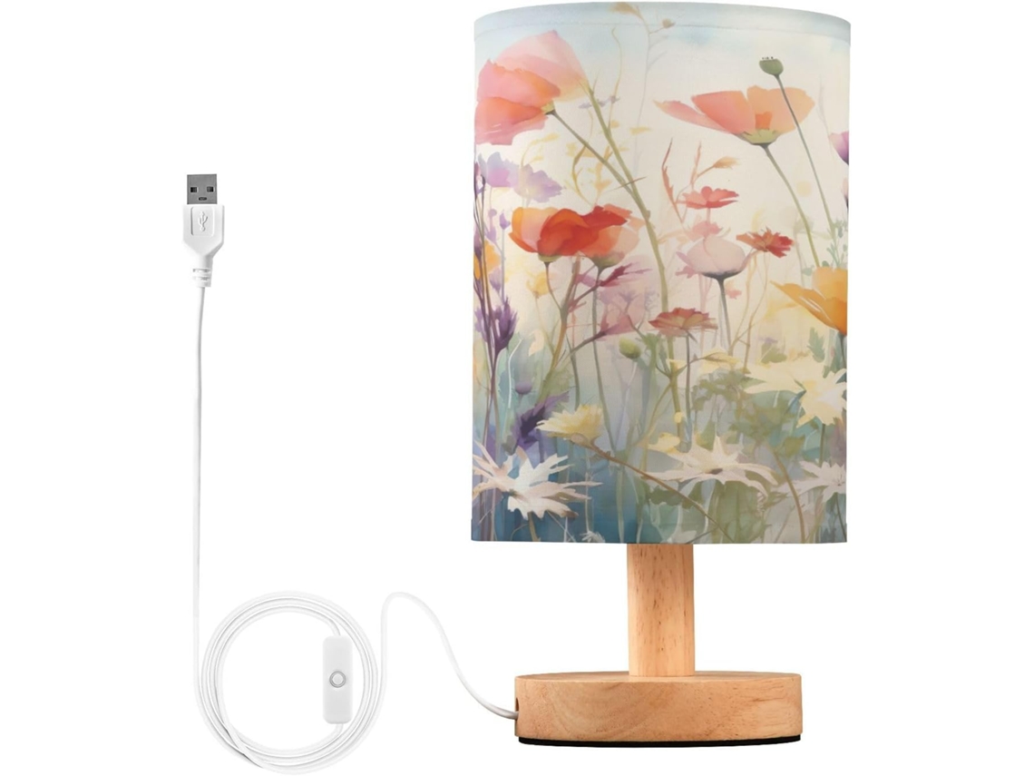 Luminária De Cabeceira Led Com Portas Usb Leitura Mesa Para Quarto Cúpula Tecido E Base Madeira Escritório Dormitório