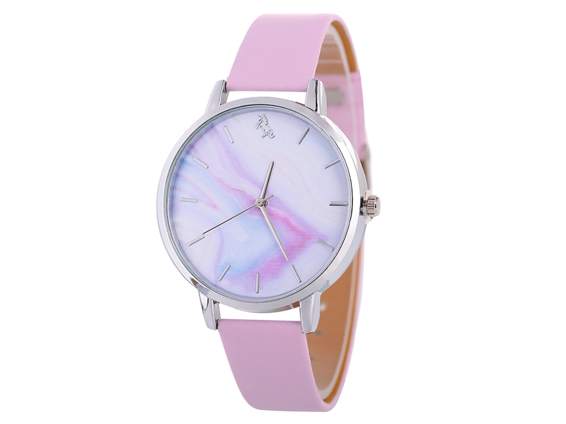 Relógio de Pulso Feminino de Quartzo com Pulseira de Couro Pu Estilo Simples Rosa