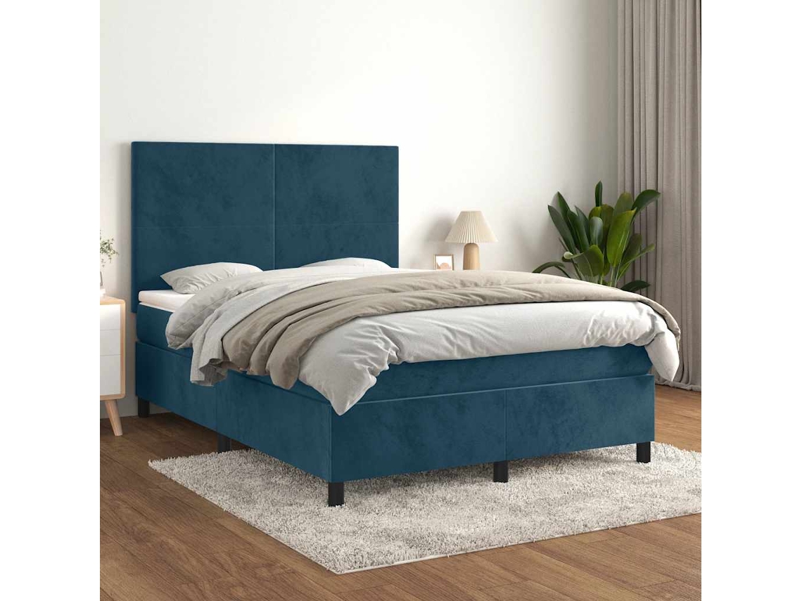 Vidaxl Cama Com Molas/colchão 140x200 Cm Veludo Azul-escuro