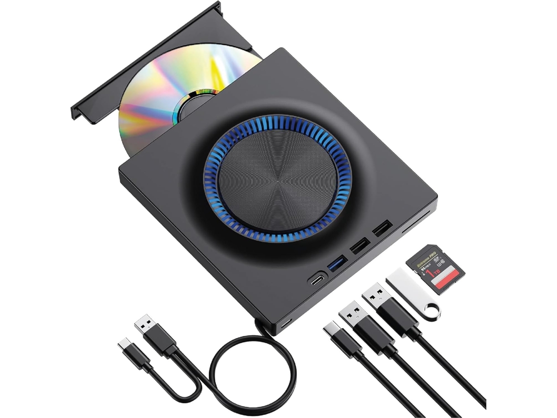 Unidade externa multifuncional de CD/DVD equipada com hub USB 3.0, leitor de cartucho SD/TF e suporte USB-C — compatível com Windows e Mac.