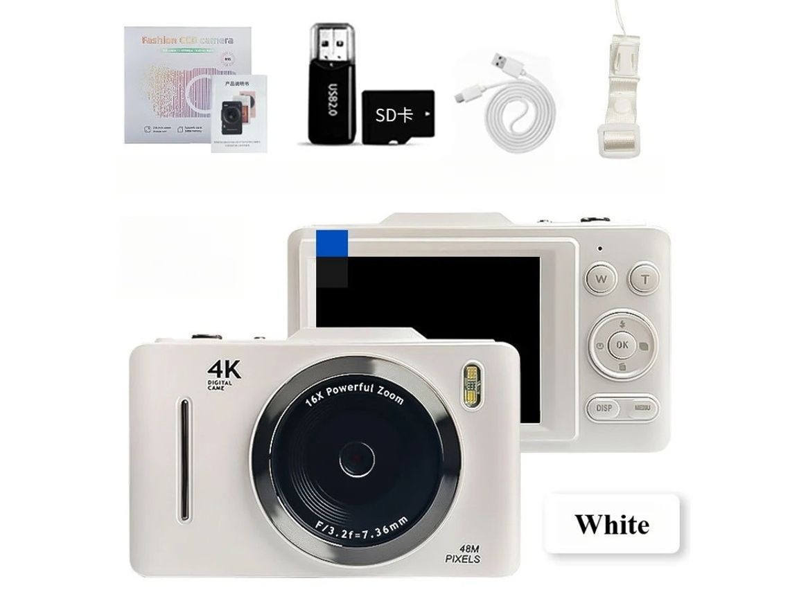 Câmera digital compacta portátil Yizhood 4K HD, zoom de 16x, tecido, 32g, 28 polegadas, branca