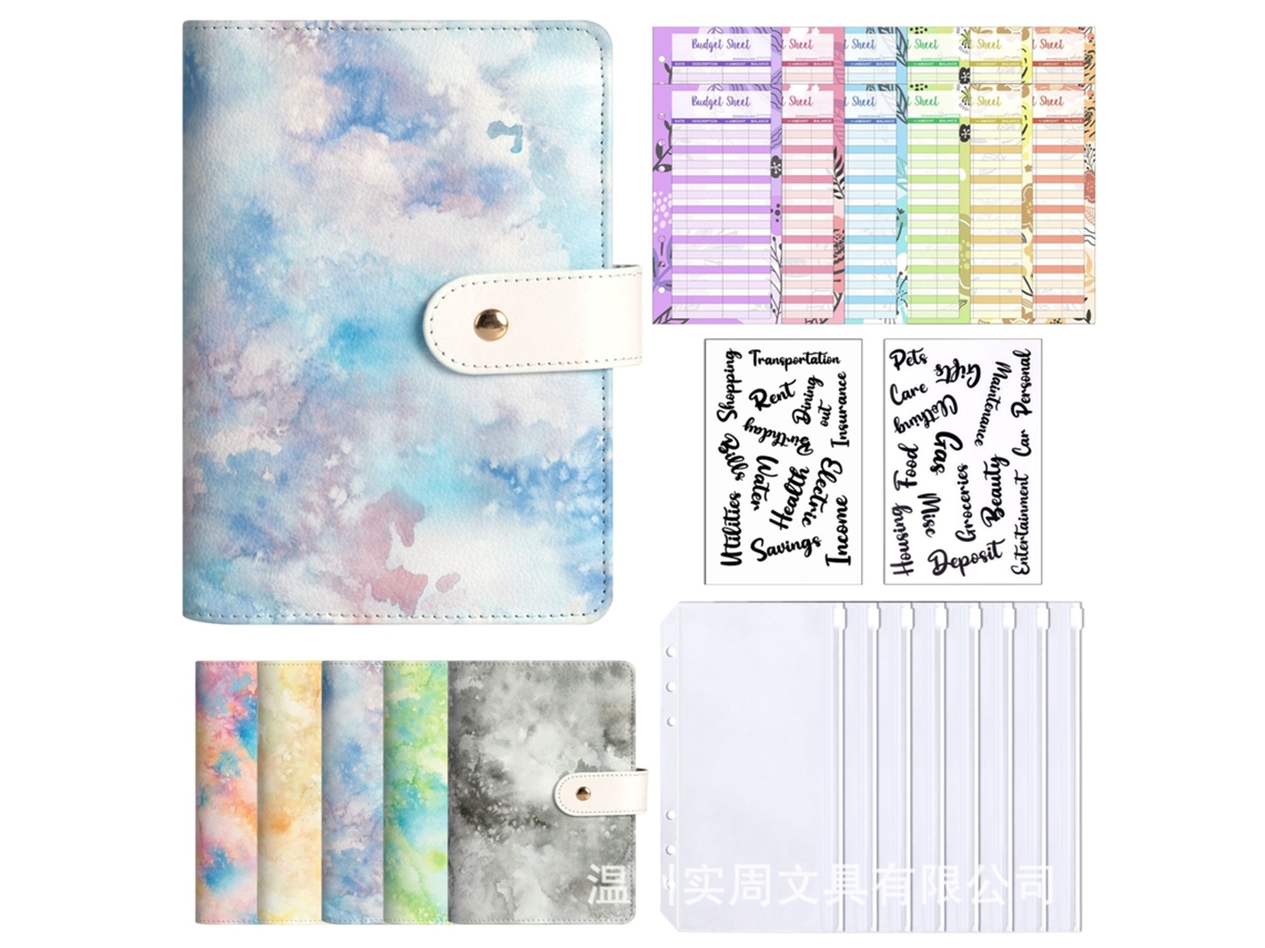 A6 Pu Leather Cash Envelope Binder With 8-zipper Pockets, Blue Tie Dye, Detachable Refillable Notebook, Includes