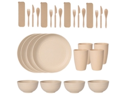 Conjunto de Talheres de Plástico Bege com 24 Peças, Incluindo Pratos, Copos, Colheres e Facas. MDUG