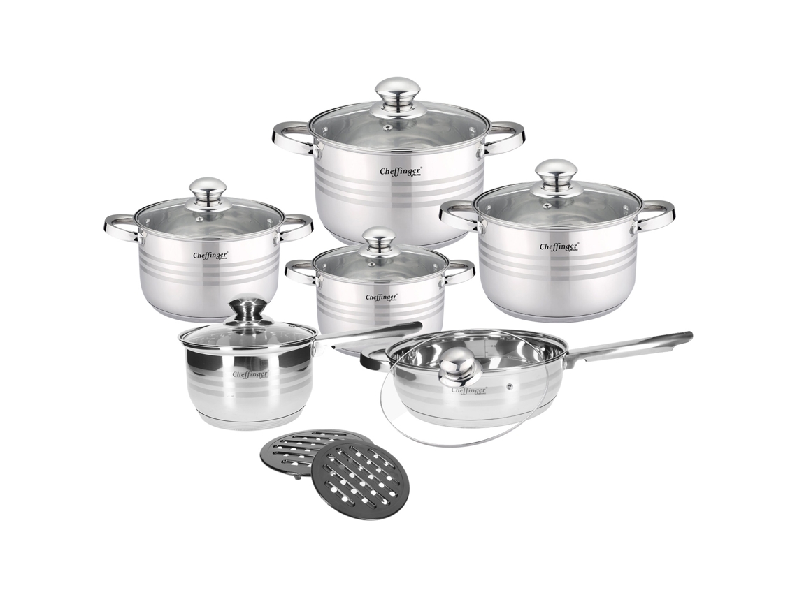 CHEFFINGER Conjunto de Cozinha 4 Caçarolas/1 Caçarola/1 Panela e 2 Suportes para Caçarola Prateado
