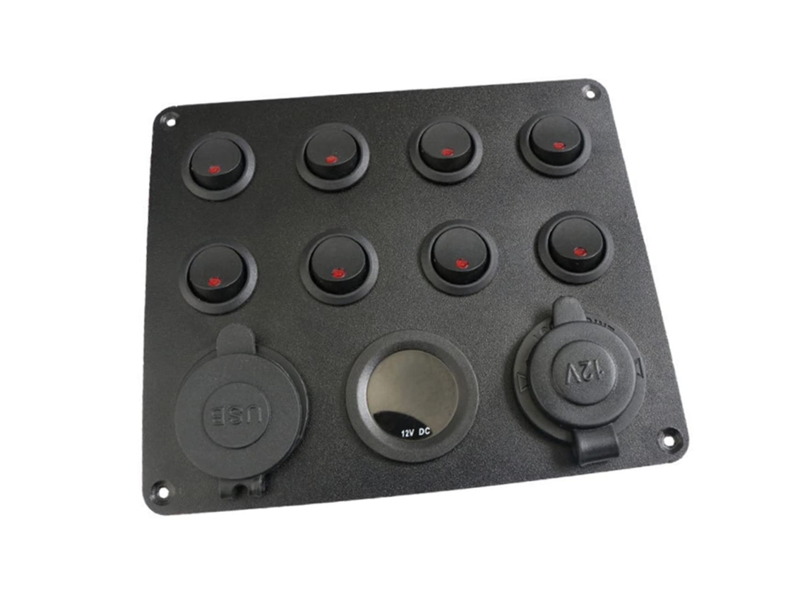 Painel de 8 grupos 12-24v com duas portas USB de 4,2a e voltímetro digital à prova d'água.