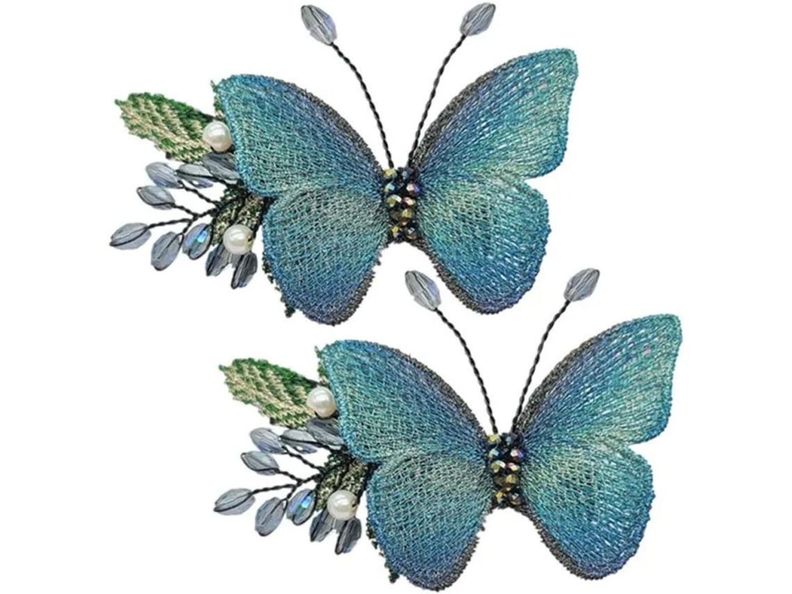 Conjunto De 2 Presilhas De Cabelo Bordadas Em Azul, Em Liga Metálica E Tecido, Acessórios Elegantes.