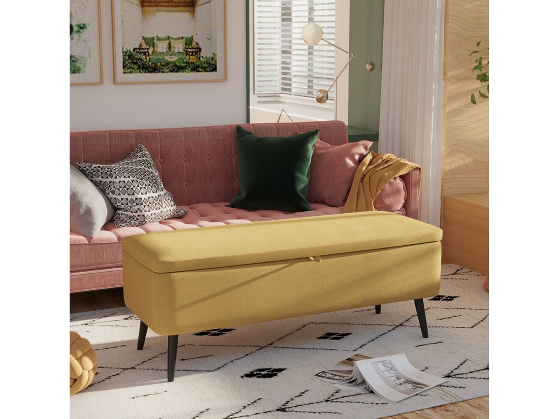Banco Estofado Para Supino Em Linho Amarelo, Suporta Até 150kg E Mede 101x38,5x44,5cm