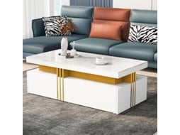Mesa de centro retangular moderna com tampo brilhante, 2 gavetas de madeira e detalhes em mármore, para sala de estar, 100x50x40cm