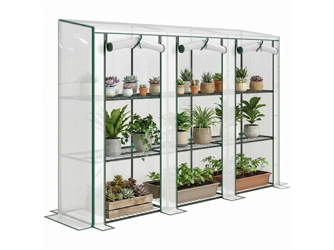 Estufa De Jardim Com Prateleiras De 3 Níveis, Para Varanda, 3 Portas De Enrolar Com Zíper, 215 X 46 X 151 Cm, Branca