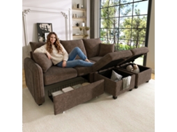 Sofá Modular Em U 3 Lugares Com Arrumação, Gavetas E Puff Em Chenille