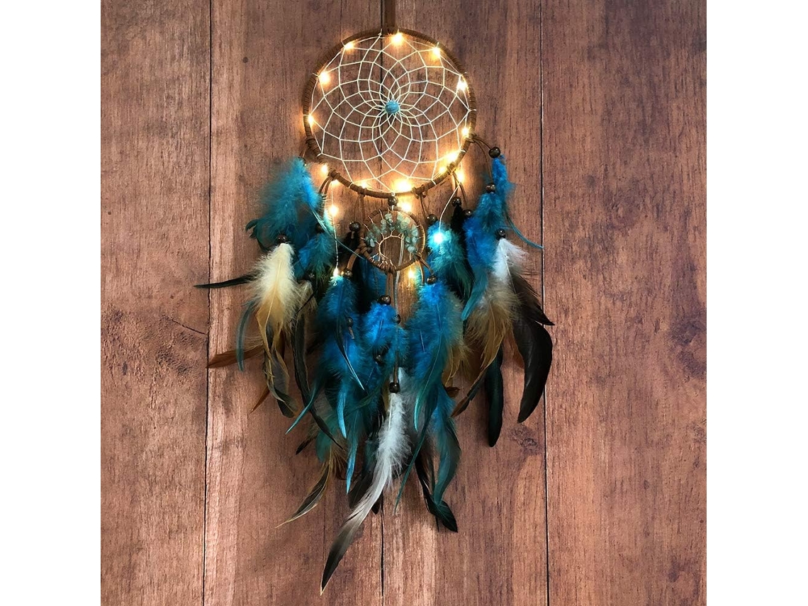 Dream Catcher Blue Tree Of Life com Penas Luzes de Fadas Led Móveis Feitas À Mão Índios Rede Circular Tradicional para Decoração de Parede Quarto