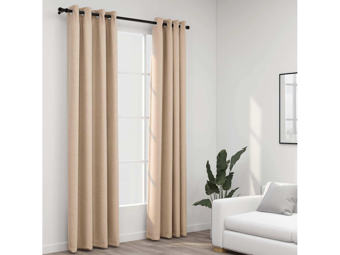 Vidaxl Cortinas Opacas Aspeto Linho C/ Ilhós 2 Pcs 140x225 Cm Bege