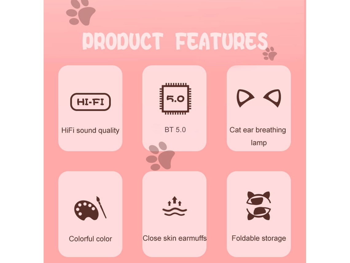 Fone de ouvido Mali over ear com luzes cat ear, 7 cores, BT5.0, dobrável, microfone, aux, MP3 | S/MARCA
