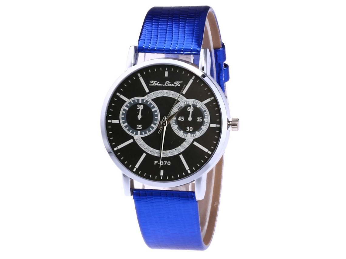 Relógio de casal Zhoulianfa com pulseira de PU, mostrador redondo, movimento analógico de quartzo, azul.