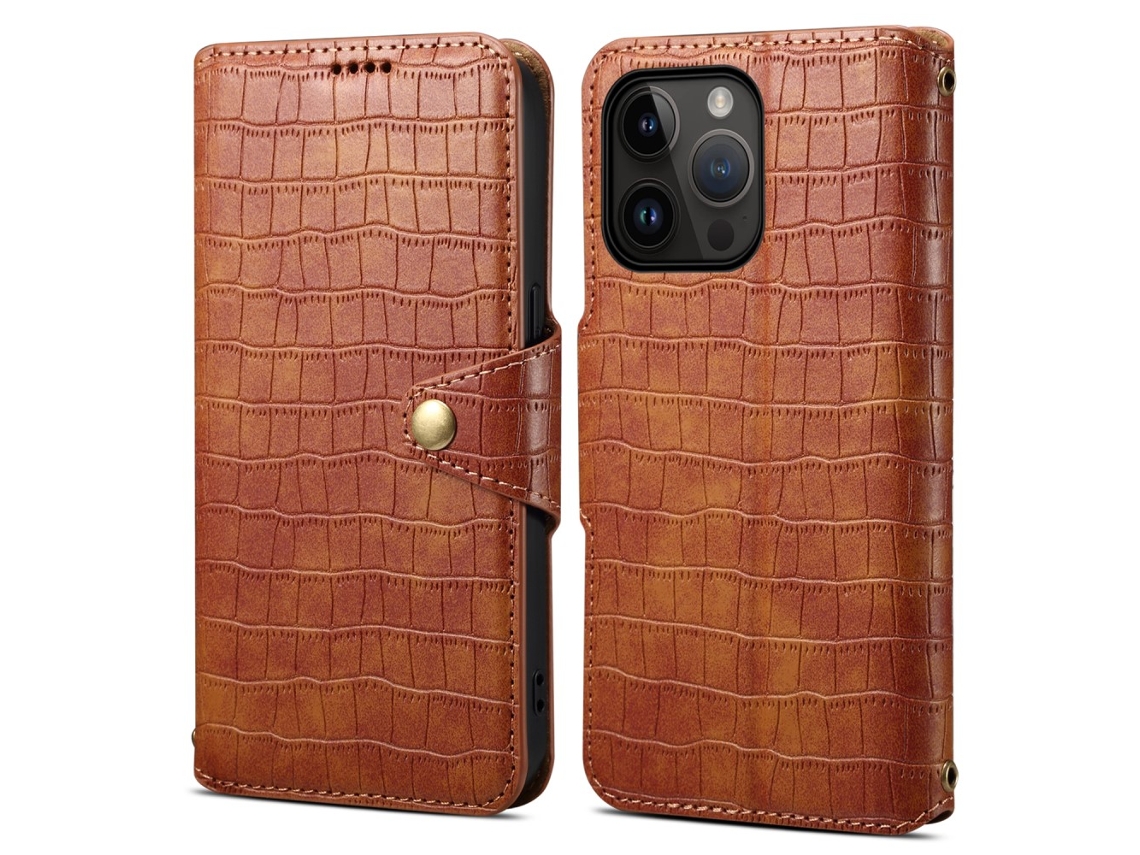 Capa Textura Crocodilo Para Iphone 14 Pro Max Pele Sintética Castanho