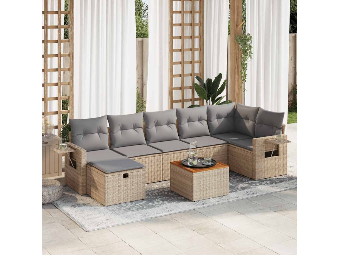 Vidaxl 8 Pcs Conjunto De Sofás P/ Jardim Com Almofadões Vime Pe Bege