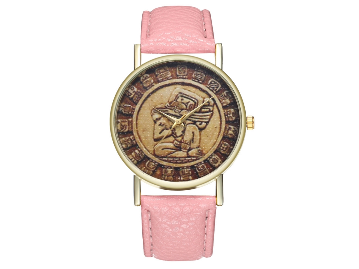 Relógio de casal com mecanismo de quartzo, pulseira de couro PU, mostrador redondo, estilo casual (rosa)
