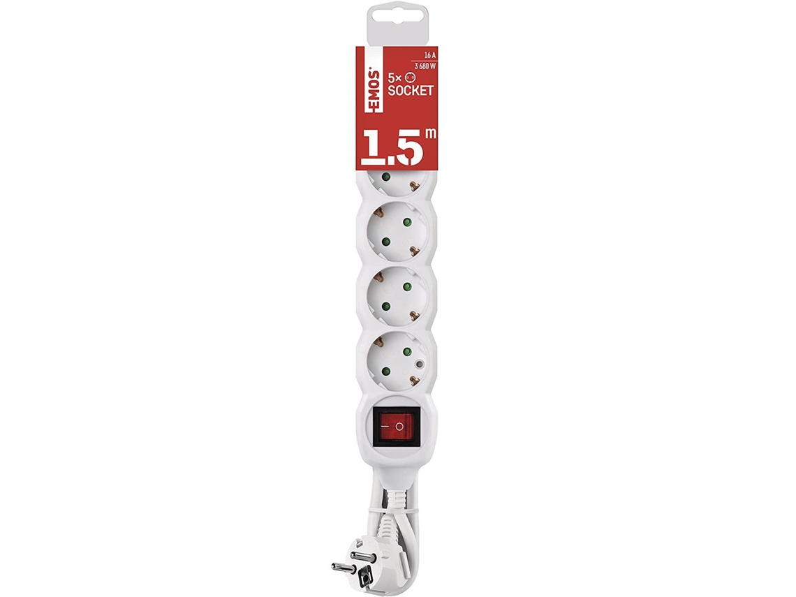 Cabo EMOS Power Strip 1,5M 5 Soquetes Plugues Rotativos 45º Ip20 Branco