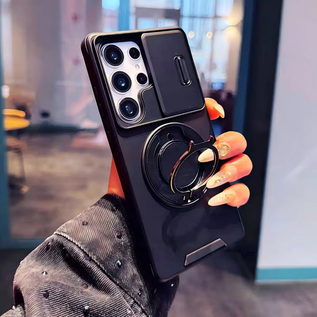 (galaxy S23 Preto) Capa Deslizante Para Câmera Com Suporte Magnético, Capa Protetora Reforçada
