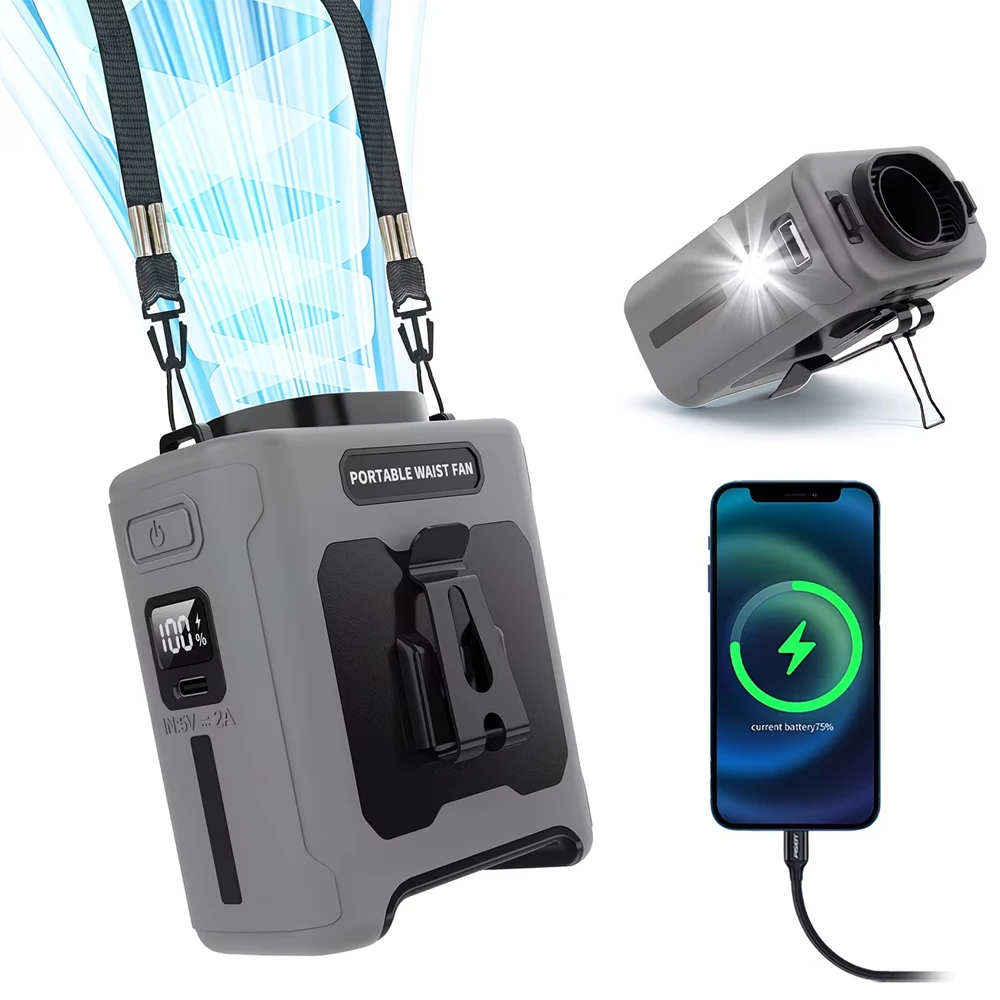(cinza, 10000mah) Power Bank Portátil De 10000mah Com Ventilador De Clipe De Cintura, Inclui Lanterna De Emergência E Bateria De Longa Duração.