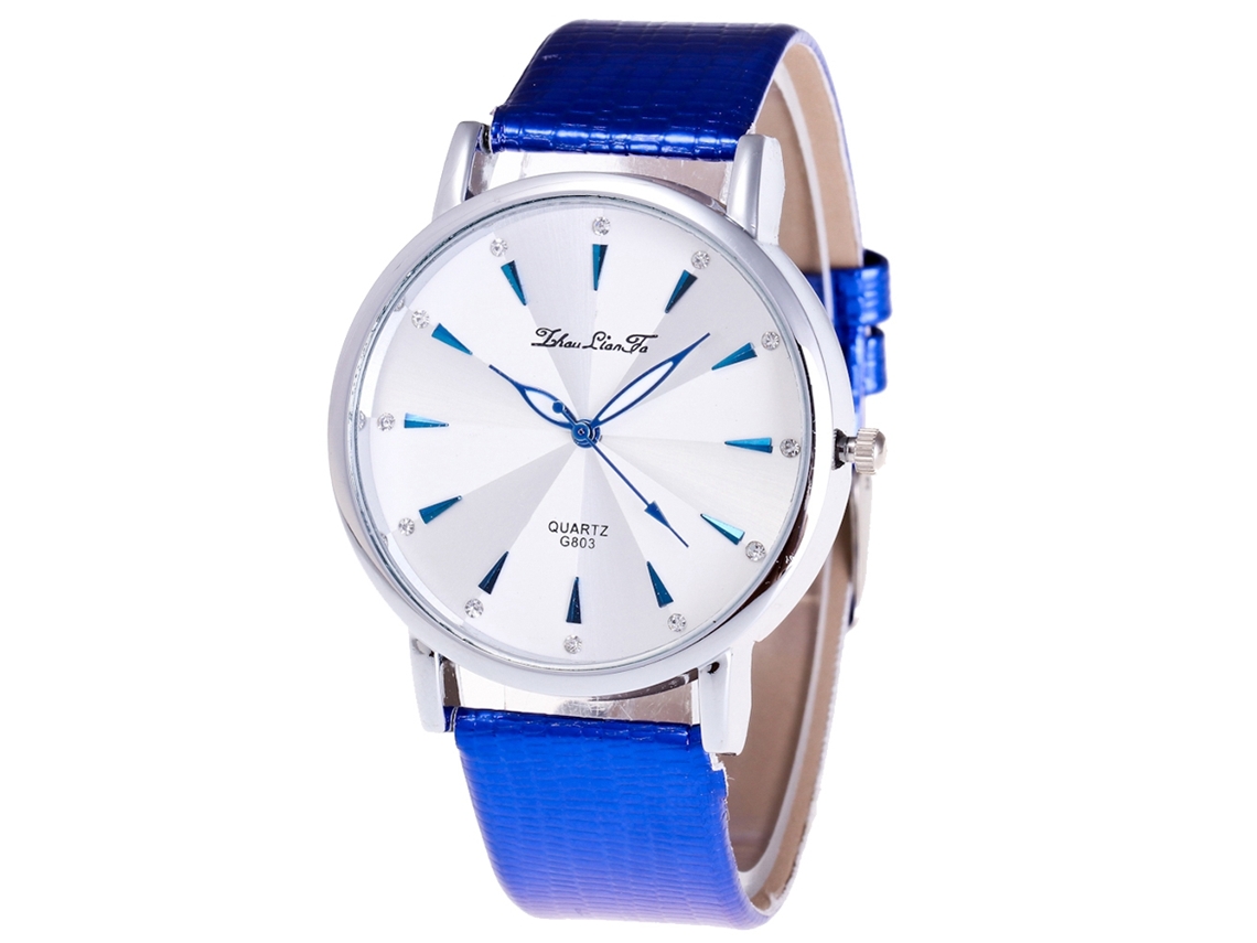 Relógio de Pulso Feminino de Quartzo com Pulseira de Couro Pu Estilo Simples Azul