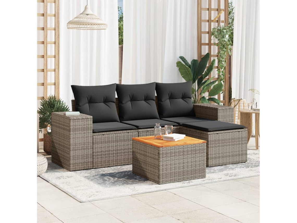 Vidaxl 5 Pcs Conjunto Sofás De Jardim C/ Almofadões Vime Pe Cinzento