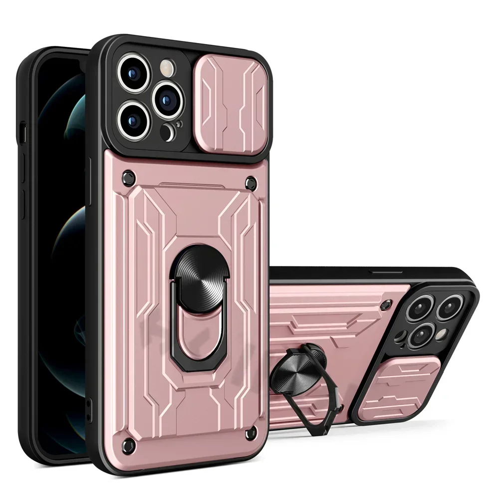 (ouro Rosa, Iphone 13 Pro Max) Capa Com Anel Magnético 360°, Porta-cartão E Tampa Deslizante Para Câmera