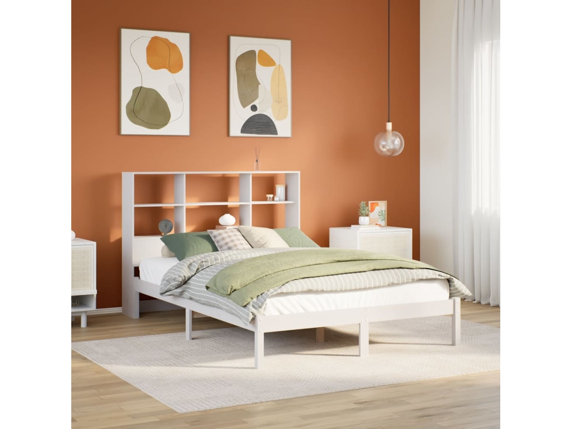 Vidaxl Cama Com Estante Sem Colchão 160x200 Cm Pinho Maciço Branco