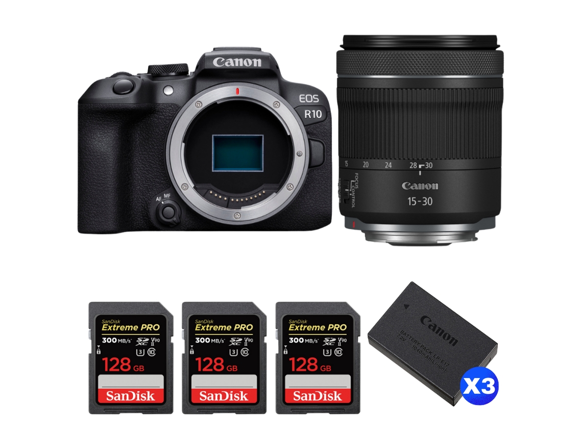 Eos R10 + Rf 15 30mm F4.5 6.3 Is Stm + 3 Sandisk 128gb Uhs ii 300mb/s + 3 Canon Lp e17 + Ebook “20 Dicas para Fotos Que Impressionam” CANON