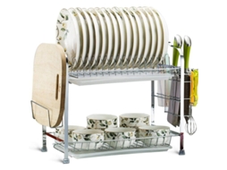 Rack Secado Platos 2 Niveles Acero Inoxidable Con Portacuchillos Tabla Cortar Portavasos Anti-deslizante