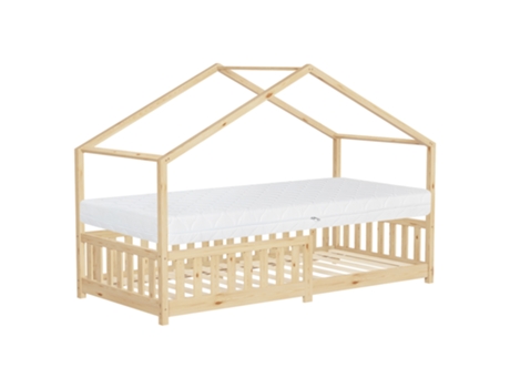 Cama infantil Ml Design em forma de casa, feita de madeira natural maciça, 90 x 200 cm, colchão de 16 cm.