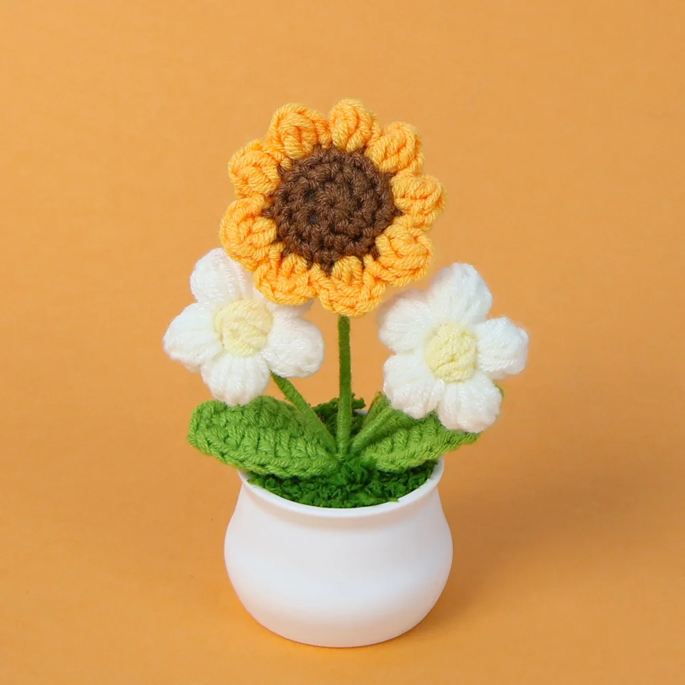 Vasos De Flores Criativos Tricotados, Mini Flores Artificiais, Plantas De Crochê Feitas À Mão