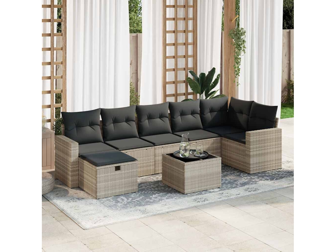Vidaxl 8 Pcs Conj. Sofás Jardim C/ Almofadões Vime Pe Cinzento-claro