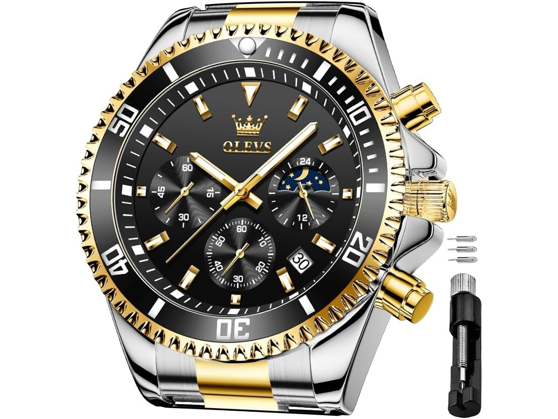 Lurelia Relógio Cronógrafo Masculino, Movimento De Quartzo, Analógico, Data/calendário, Luminoso, Fase Da Lua, Aço Inoxidável, Dourado E Preto