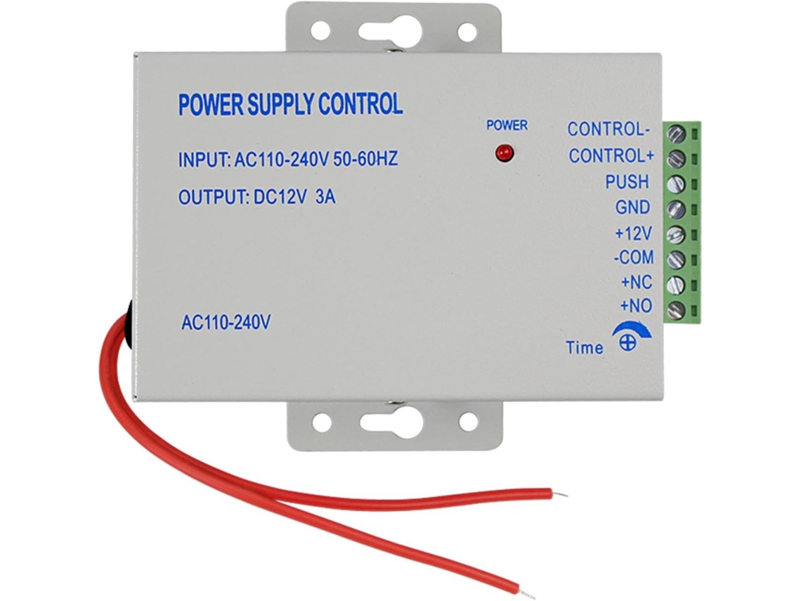 Fonte de alimentação de 12V para sistemas de controle de acesso, caixa metálica, retardo ajustável, entrada de 110-240V AC, ideal para fechaduras.