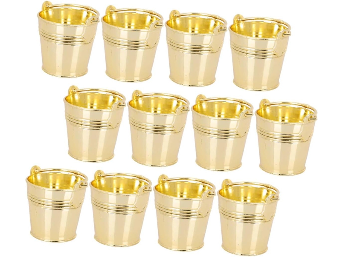 Conjunto De 12 Mini Baldes De Plástico Dourado Para Doces Com Alças, Pequenos E Decorativos.