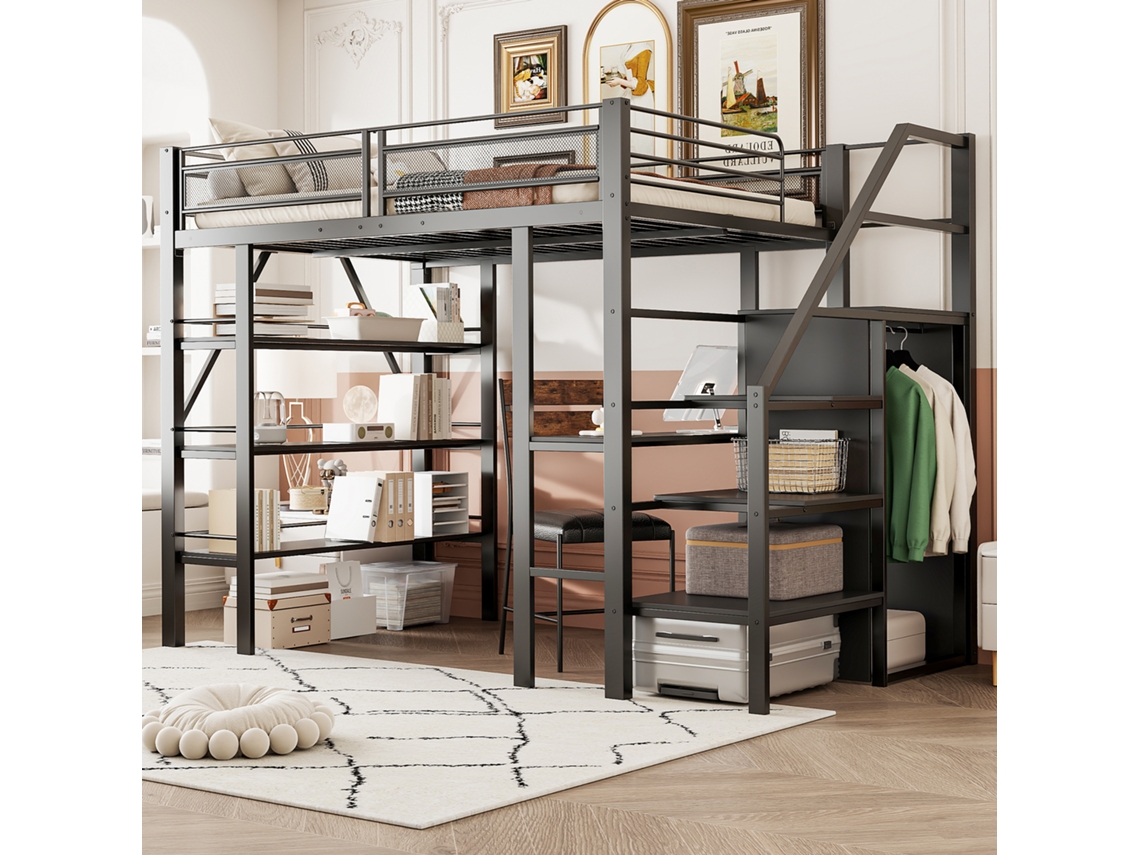 Cama De Ferro 140x200cm Preto Com Estante Mesa Armário Escada Segura