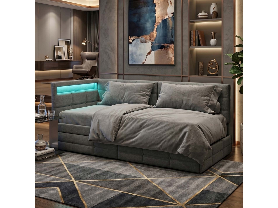 Cama de Solteiro em Linho com Led Inteligente, 2 Gavetas de Arrumação e Usb, Cinza, 90x200 Cm LAZYSPACE