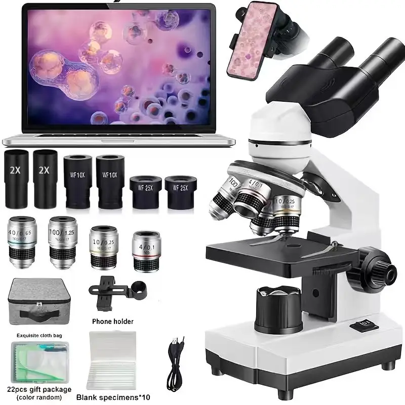 Microscópio Binocular Biológico 40x-5000x Com Led Hd Profissional Para Escolas Famílias Kit Básico