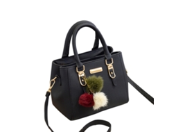 Bolsa Pu Feminina Textura Lichia Pingente Bola de Pêlo Grande Capacidade Ombro Mão Preta