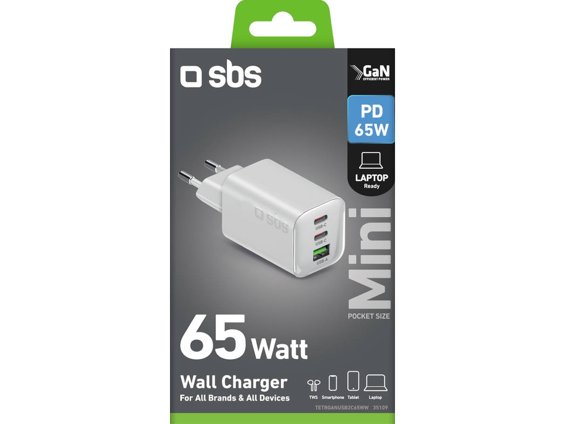 Carregador de Viagem SBS com Power Delivery (2 Usb-C - GaN - 1 Usb-A  - 65W - Branco)