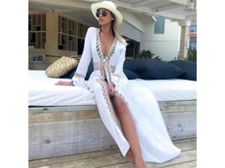 2026-vestido Maxi De Playa Para Mujer Con Escote V Túnica Pareo Blanco Traje De Baño Bikini Cover Up 133cm Blanco