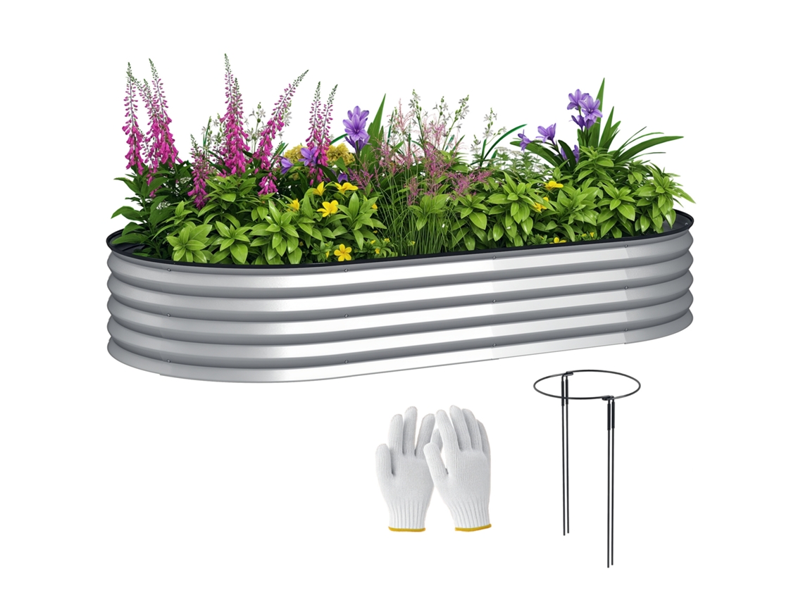 Canteiro elevado galvanizado em aço, borda de borracha para jardim 181x93x30cm prata BTFORUS