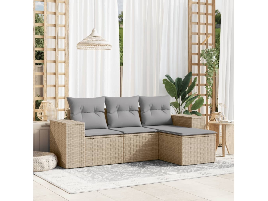 Jogo de Sofá 4 Peças Para Jardim C/ Almofadões Vime Pe Bege Dkd Home Decor