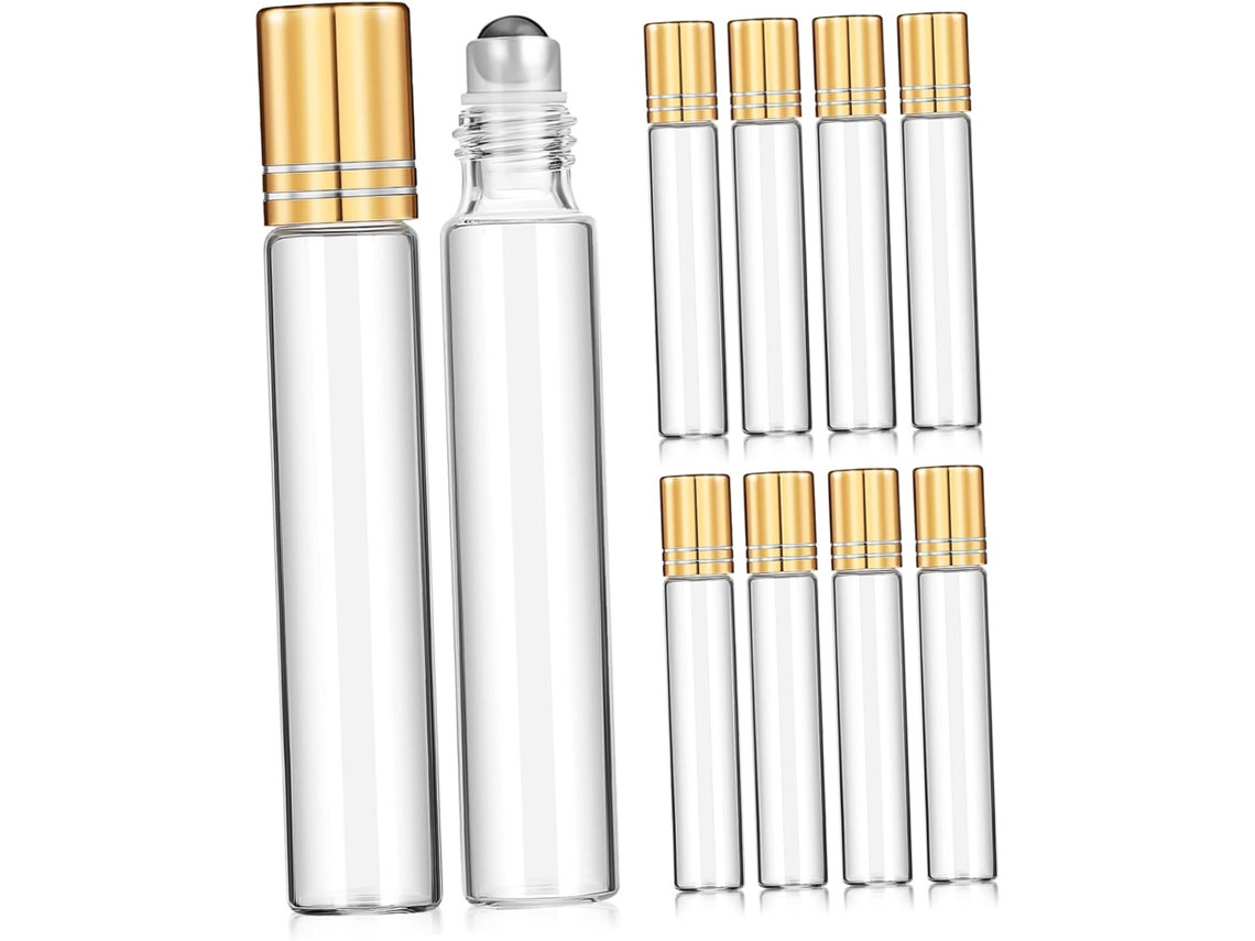 Conjunto de 10 frascos roll-on de 10ml para óleos essenciais, ideais para aromatizantes, embalagens e viagens.
