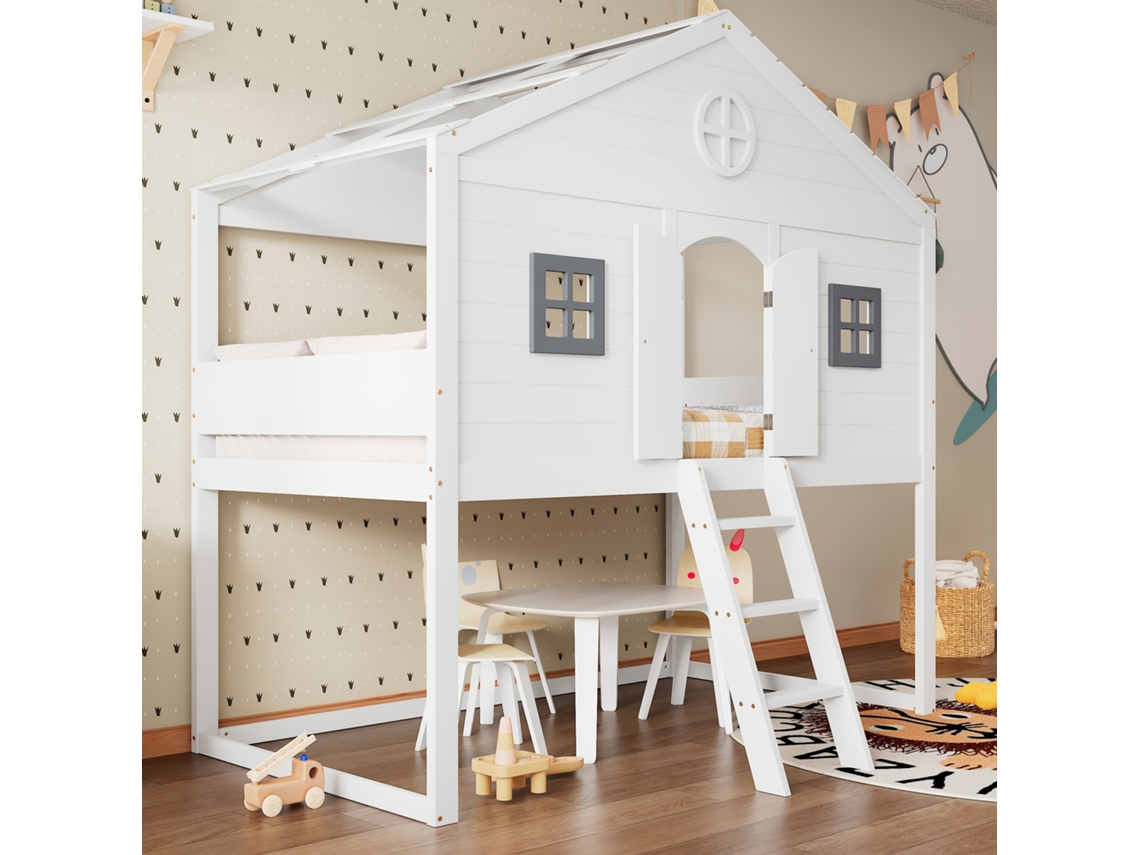 Cama infantil casinha 90x200 cm com escada, grades de segurança, janelas cinza, arrumação ajustável, branco cinza VSOGA