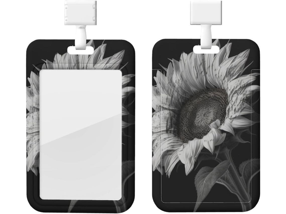 Porta Crachá Com Estampa De Girassol, Preto Cinza, Protetor De Crachá, Capa Vertical Com Cordão, Estojo De Plástico