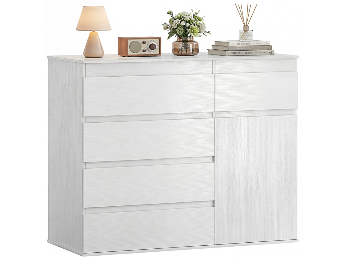 Buffet de Lounge com 5 Gavetas, Prateleira Ajustável e Porta de Fechamento Suave 100x40x80 Cm Branco