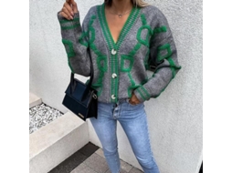 2026 chaqueta de Punto Mujer Otoño Invierno Manga Larga Suelta Cuello V Caliente Casual Estilo Inglés Verde Impreso