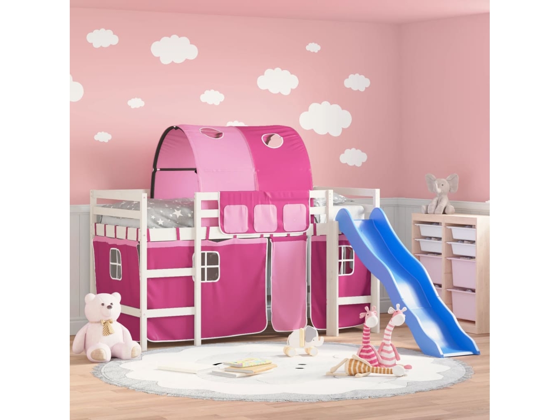 Cama Alta Para Criança Com Túnel 80x200 Cm Pinho Maciço Rosa